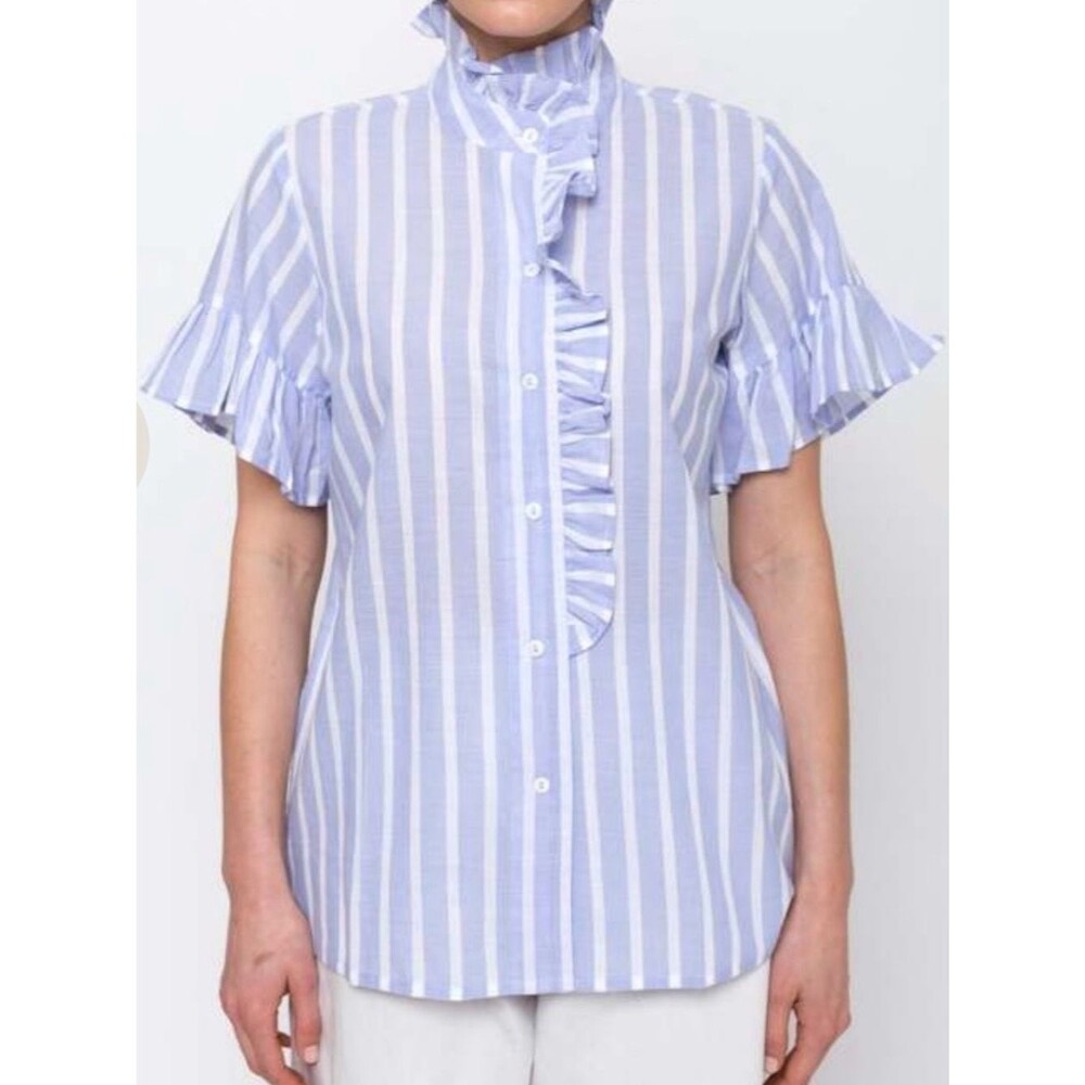Mille Vanessa Top Striped Ruffle-Front Short Sleeve Blouse Periwinkle Size XS